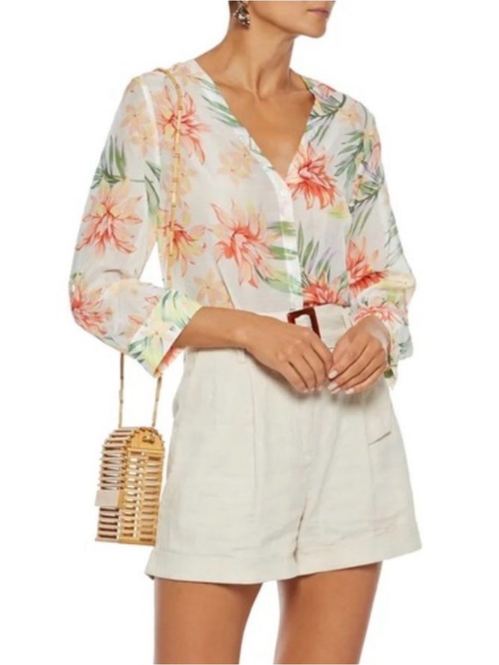 Alice + Olivia Colby Floral Button Down Hibiscus Cotton Silk Top
